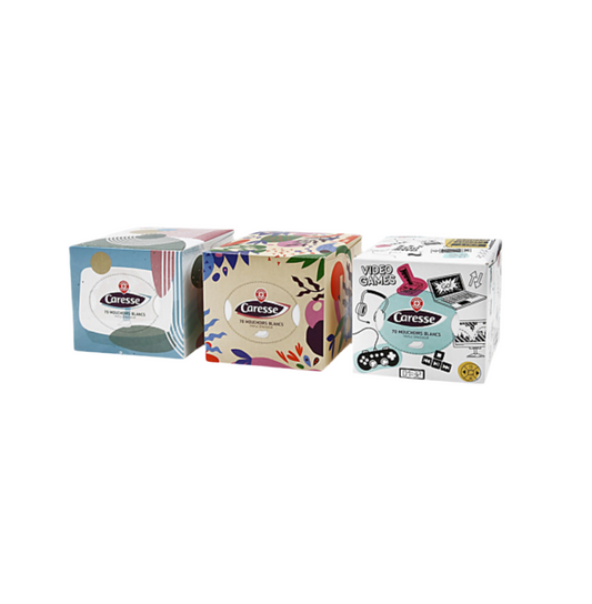 Mouchoirs blancs 3 plis Caresse Boîte déco décor aléatoire x70