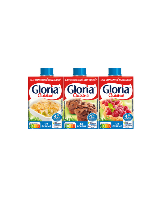 Lait concentré non sucré Gloria 1/2 écrémé briquettes 3x20cl